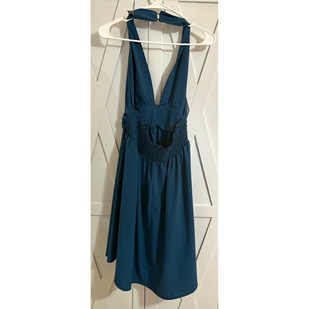 SHEIN Women's Blue Solid Sheath Knee Dress Sleeveless V-Neck Backless Tie L